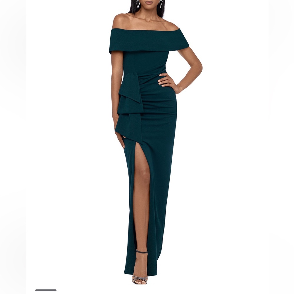 Off the shoulder XSCAPE Gown Pine Green